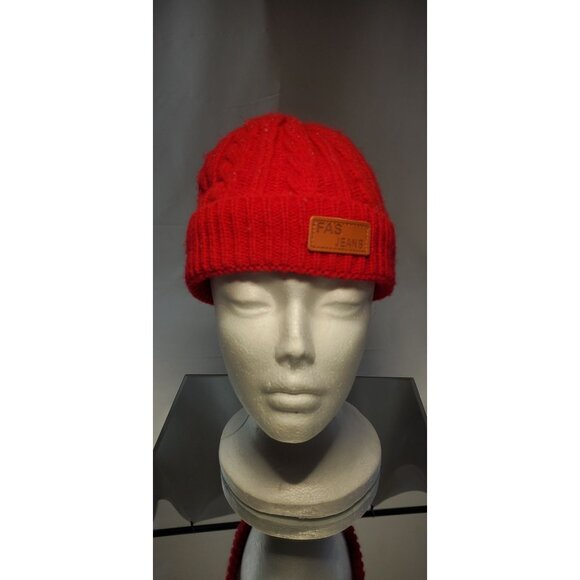 Fas Jeans Winter Beanie Hat Cap Cable Knit Red - Picture 1 of 6